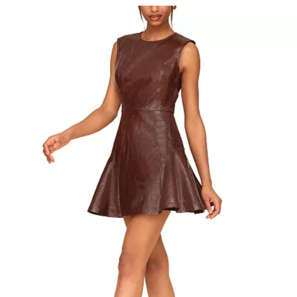 Avec Les Filles Leather Brown Fit and Flare Mini Dress